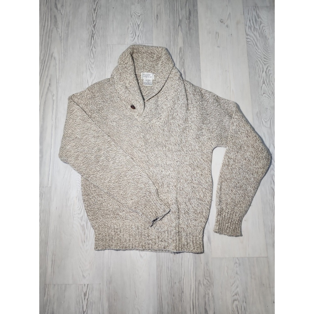 Vintage Heather Gray/Brown Men's Rugged American Small Shawl Neck Wool Sweater